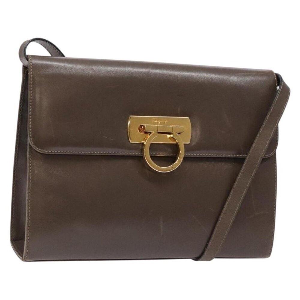 Salvatore Ferragamo Gancini Shoulder Bag Leather Brown Silver Auth